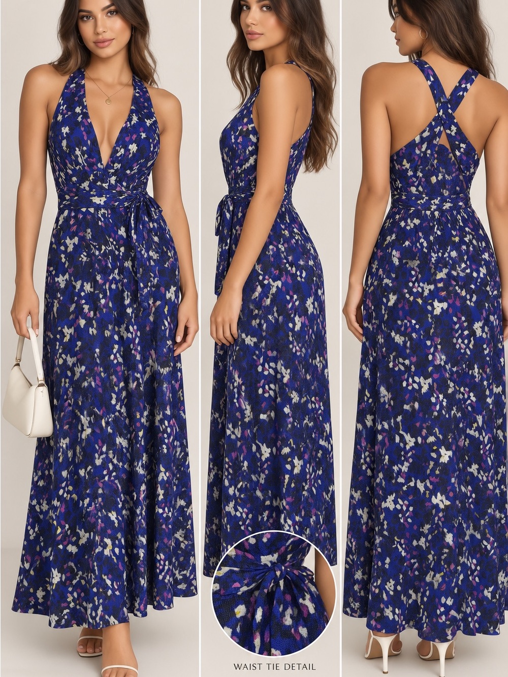 Diane Von Furstenberg Navy Blue Floral Halter Maxi Dress